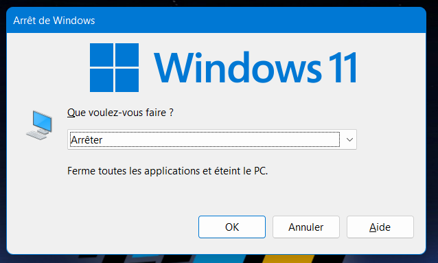 Boîte de dialogue système de fermeture de Windows 11